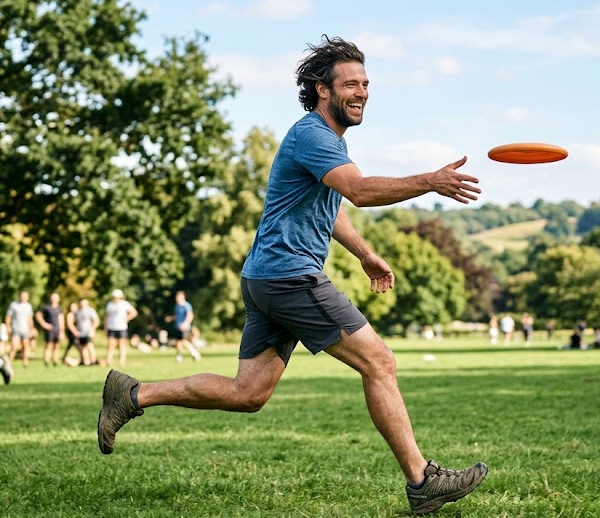 Eine Person genießt einen Spaziergang im Park bei Sonnenaufgang